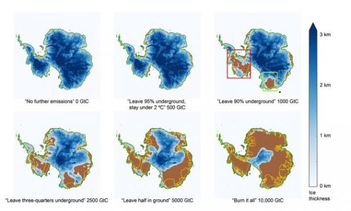 This chart shows how Antarctic ice would be affected by different emissions scenarios. (GtC stands for gigatons of carbon.) Credit: Ken Caldeira and Ricarda Winkelmann. 
